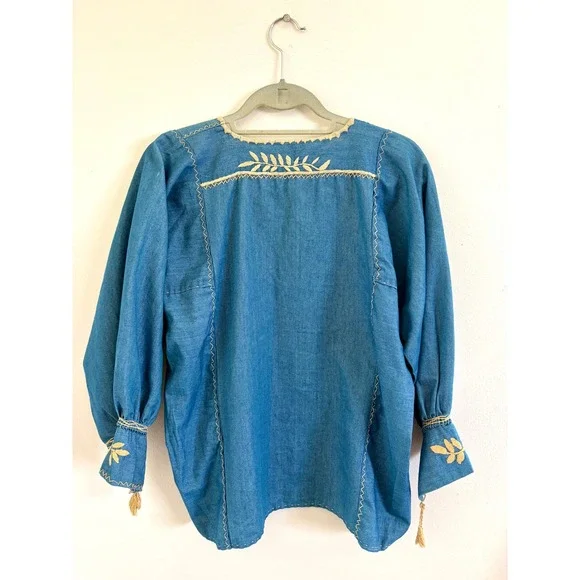 Vintage 70s Mexican Embroidered Chambray Blouse Boho Folk Top S - Picture 3 of 3